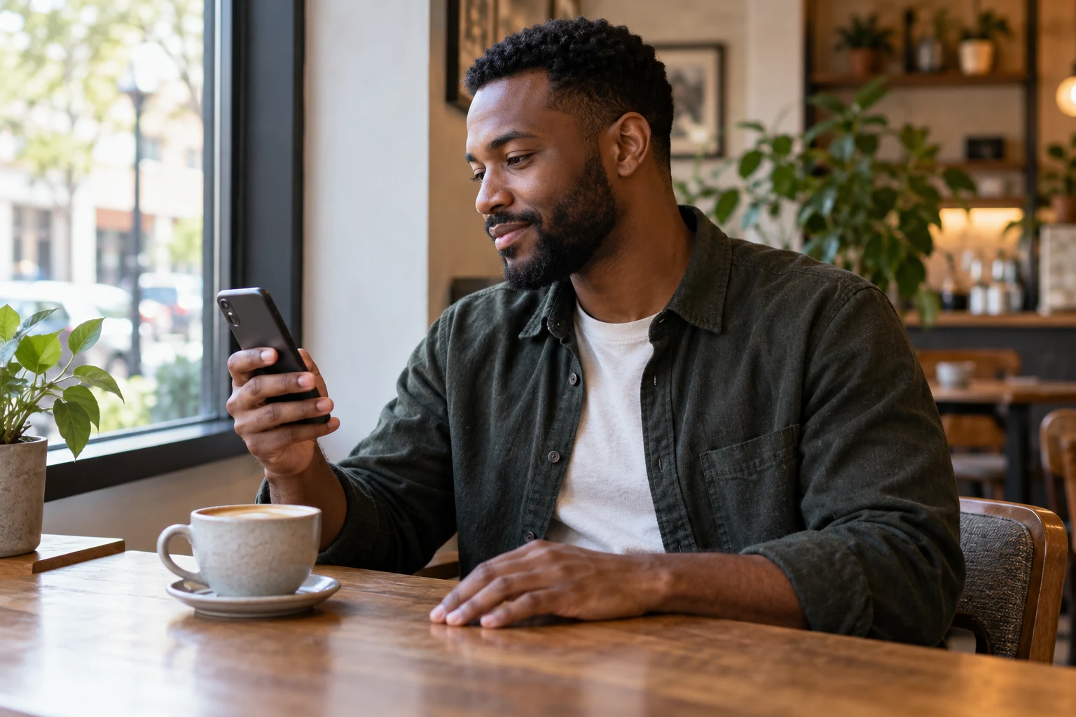 A reader enjoying an ebook on his phone at a cafe