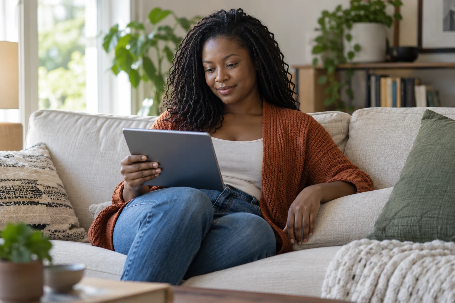 A reader relaxing on a couch with FiWEH Reader on a tablet