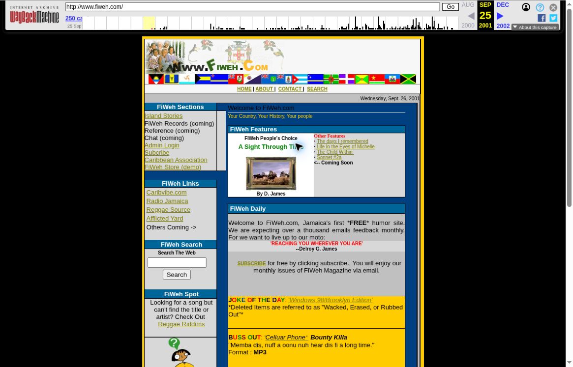 Archived FiWEH homepage from September 2001 with Caribbean flags, stories and community links
