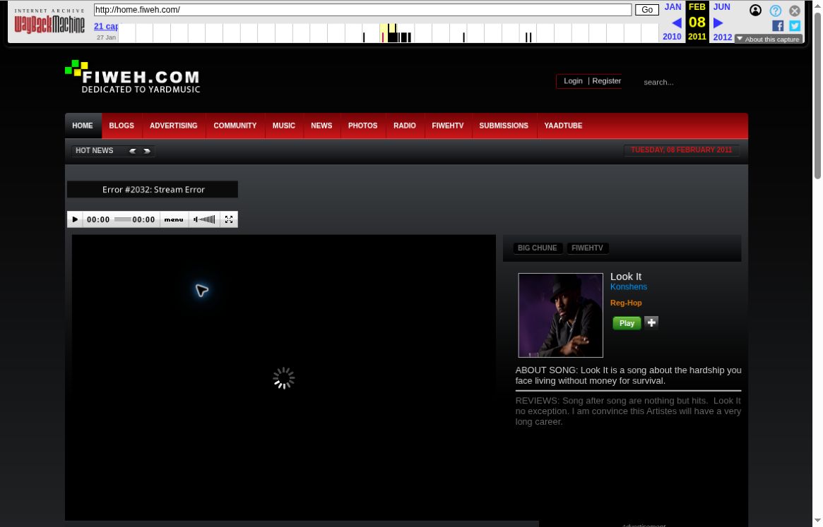 Archived FiWEH music portal from February 2011 with dark panels and red navigation